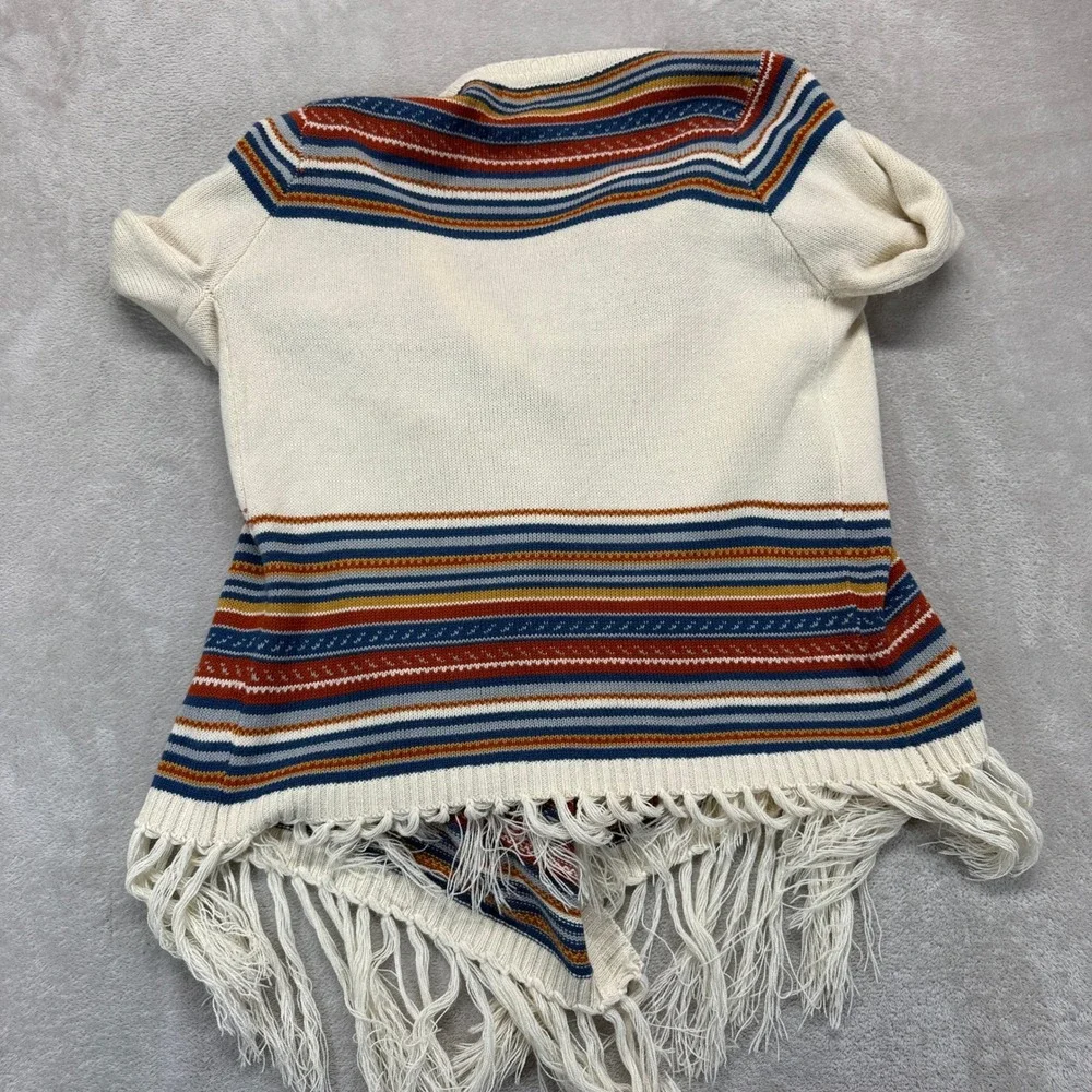 Tea & Cup Sweater Women's One Size Cardigans Cream Blue Rust Striped Fringe Boho